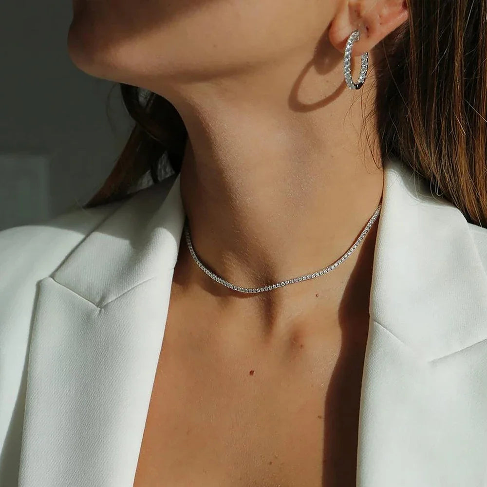 Sparkling Tennis Necklace for Women
Brilliant Zirconia Diamond Choker | 2mm & 3mm Rhinestone Design | Elegant Bridal & Wedding Jewelry with Adjustable Chain.