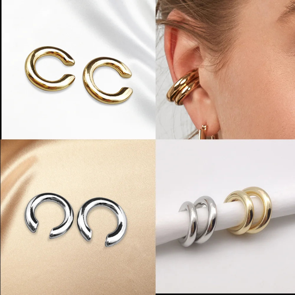 Add a touch of modern elegance with these minimalist gold ear cuffs. Designed in a sleek C-shape geometric style, they clip comfortably onto the ear—no piercing needed.